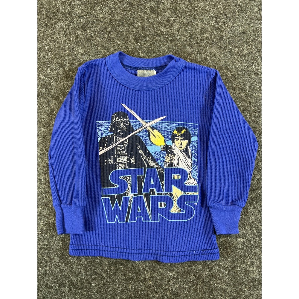 Vintage 90s Star Wars Darth Vader Luke Skywalker Blue Thermal Shirt Kids 4-5